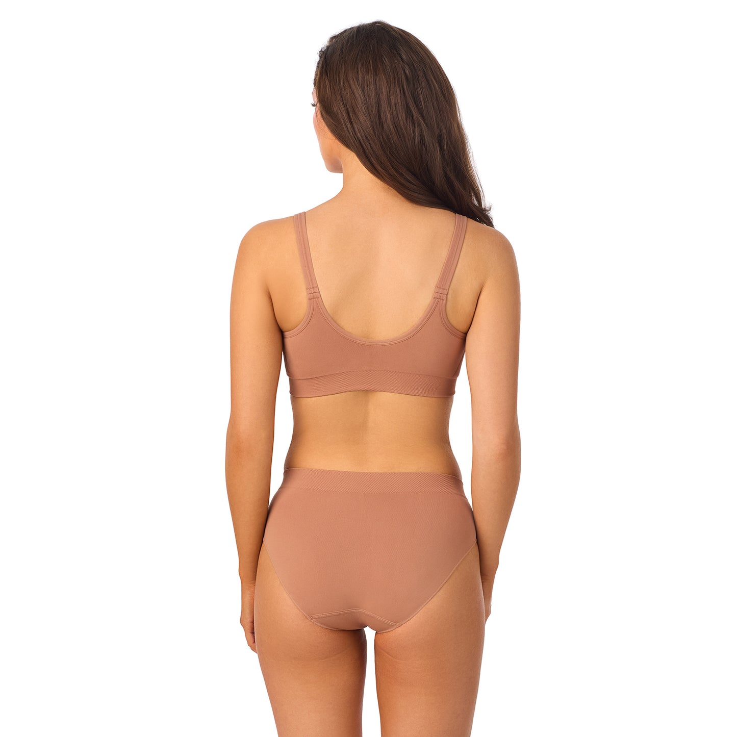 A lady wearing Seamless Comfort Bralette - Caramel