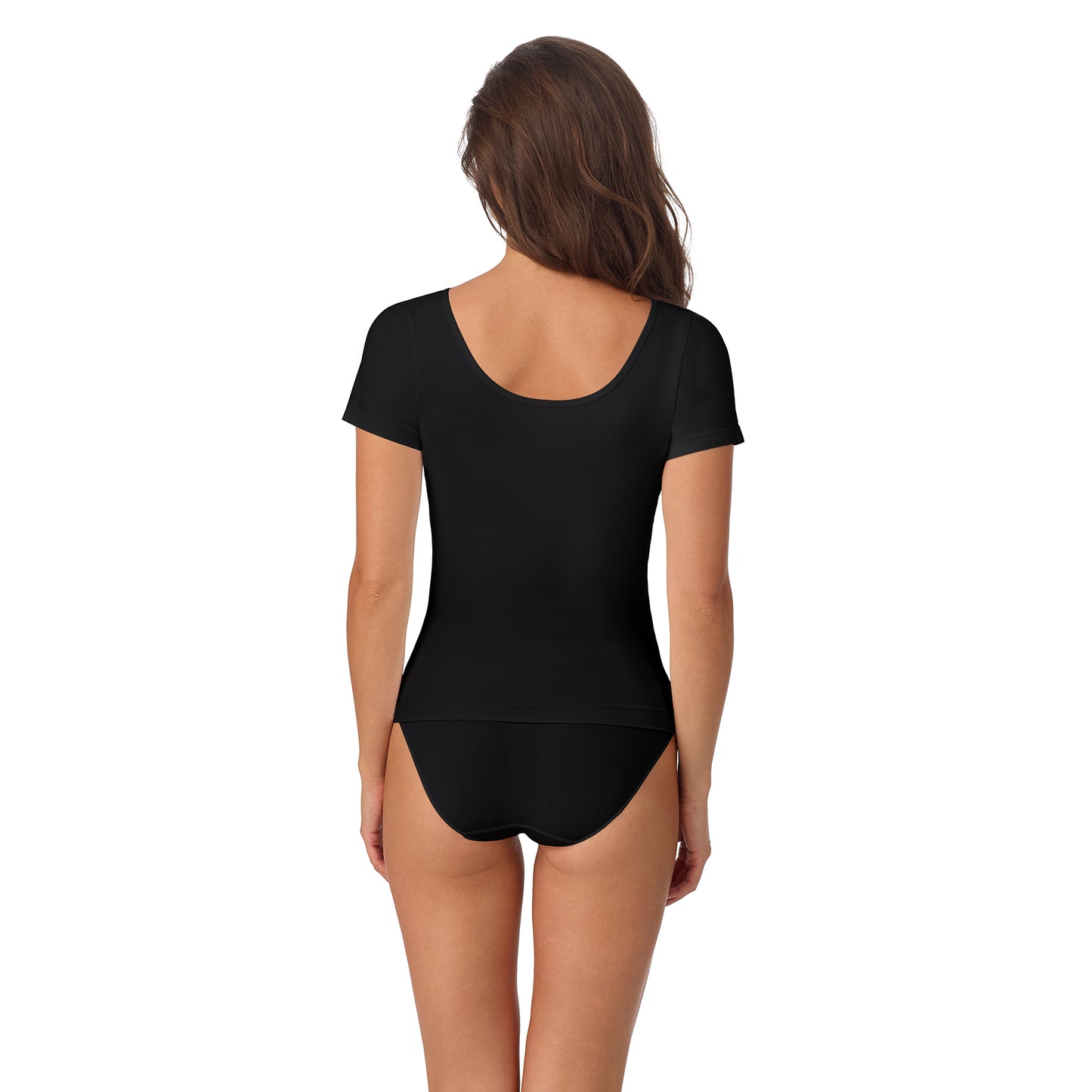 A lady wearing Seamless Comfort T Shirt in Black