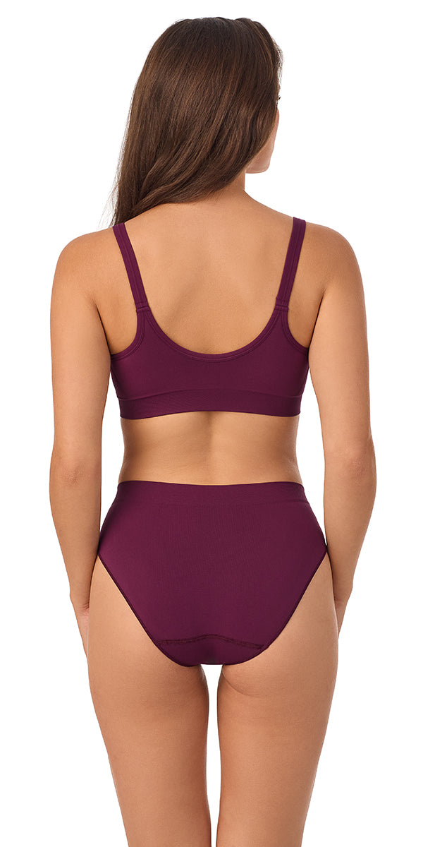 A lady wearing blackberry Seamless Comfort Bralette