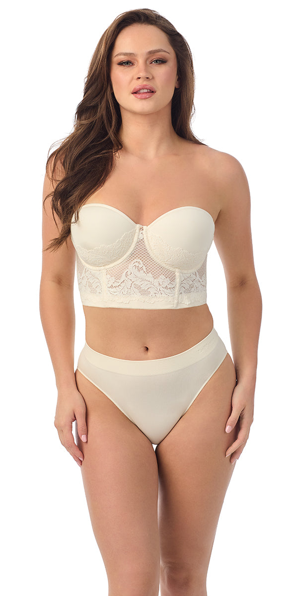 A lady wearing white Lace Allure Bustier