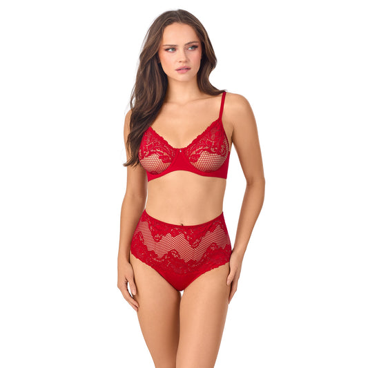 A lady wearing Lace Allure Unlined Bra in Crimson
