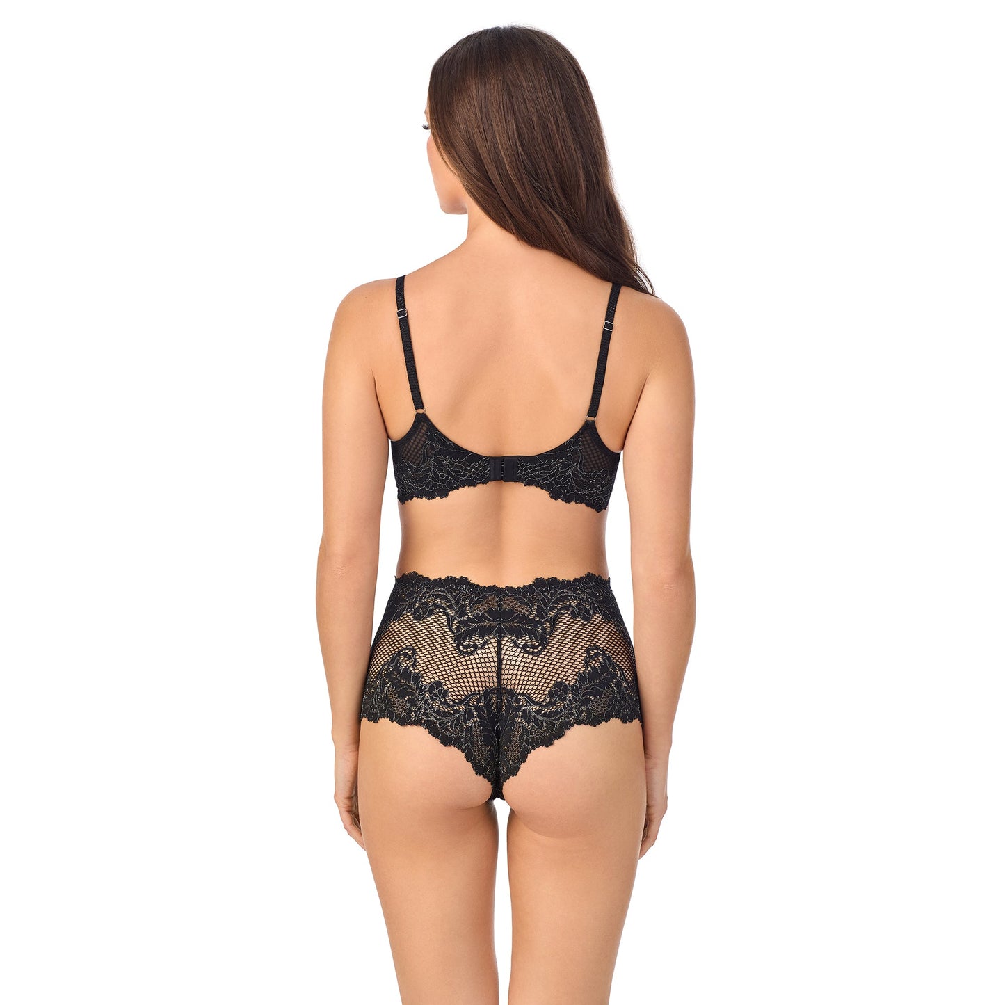 A lady wearing Lace Allure Demi in Black Lurex