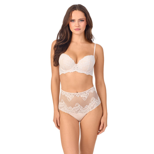 A lady wearing Lace Allure Demi in Soft Shell
