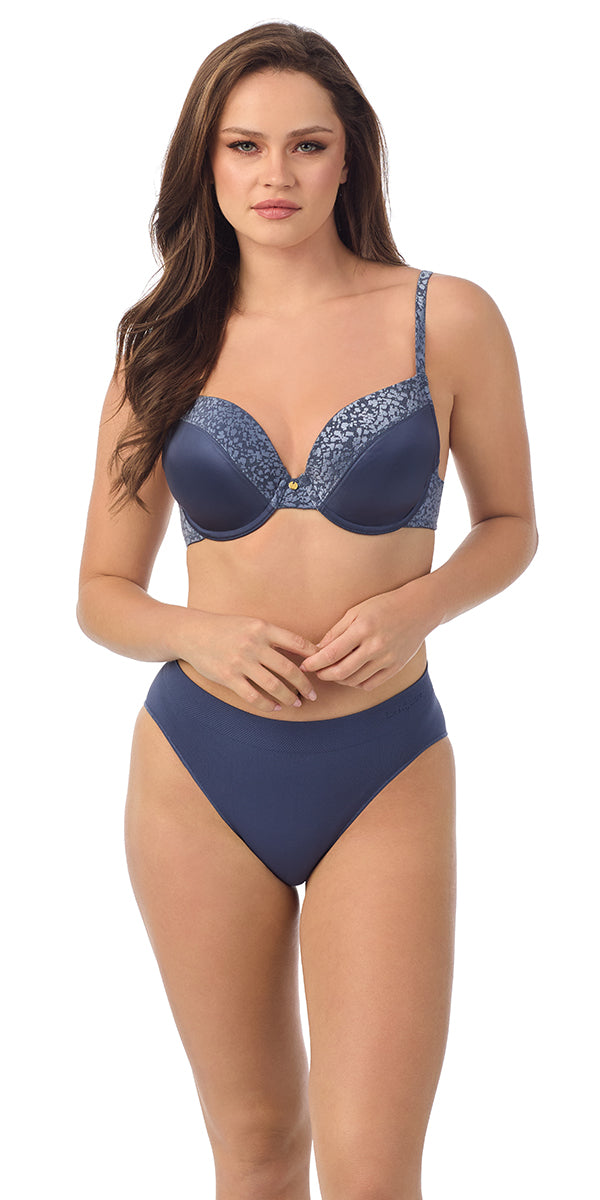 A lady wearing Blue Safari T Shirt Bra