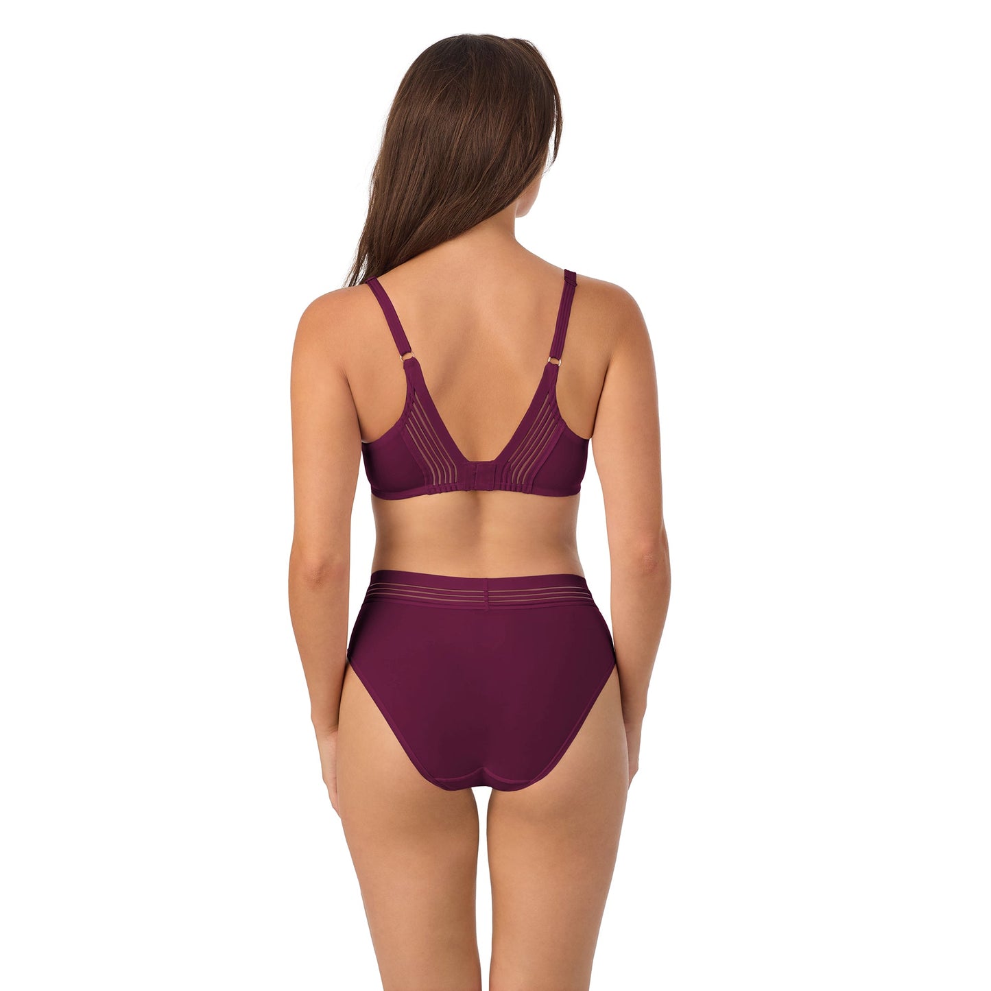 A lady wearing Second Skin Back Smoother in Blackberry