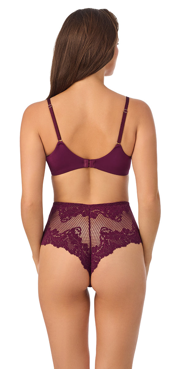 A lady wearing blackberry Lace Allure Unlined Bra