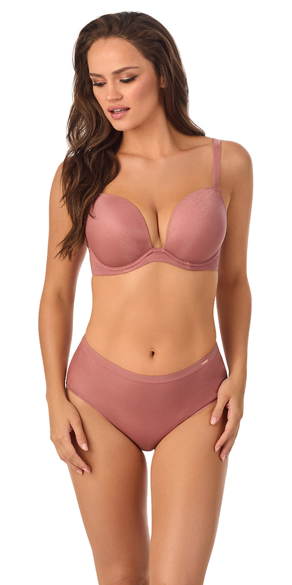 A lady wearing shimmer blush Shimmer Mesh Plunge
