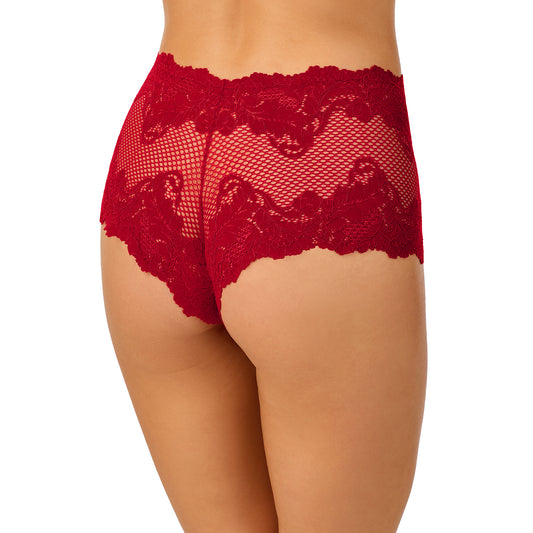 A lady wearing Lace Allure Boyshort - Pomegranate back view