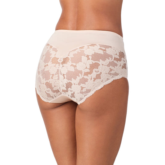 A lady wearing SoftLuxe Lace Smoothing Brief Soft Shell