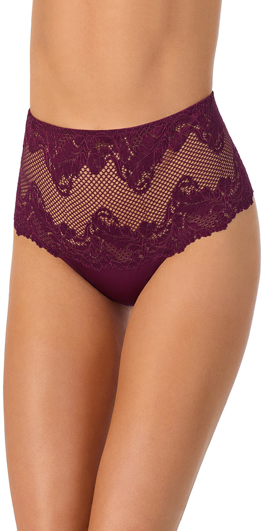 A lady wearing blackberry Lace Allure High Waist Thong