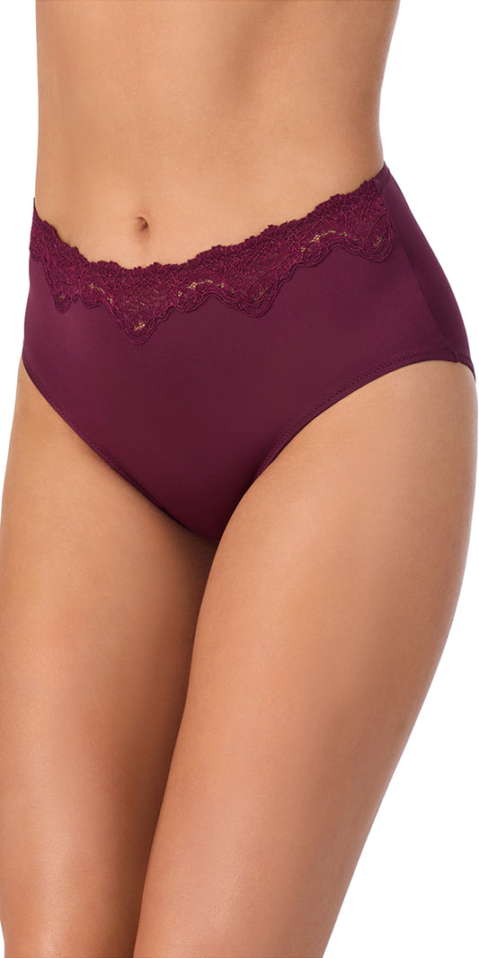 A lady wearing blackberry Lace Allure Micro Brief