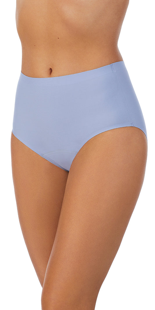 A lady wearing blue smooth shape leak resistant brief