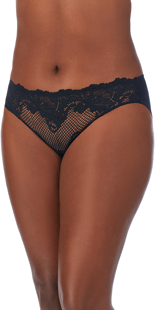 A lady wearing a black lace allure bikini.