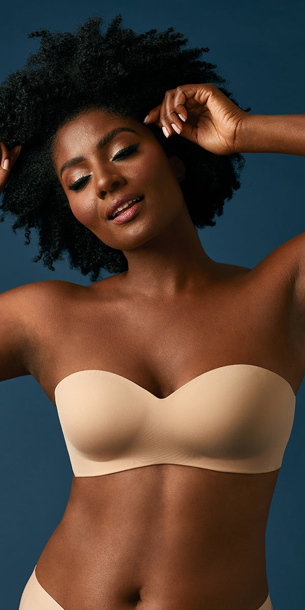 A lady wearing a natural smooth shape wireless strapless.