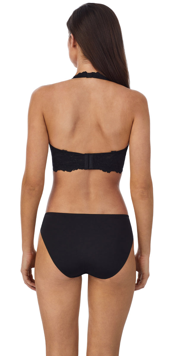 A lady wearing black Lace Allure Longline Convertible