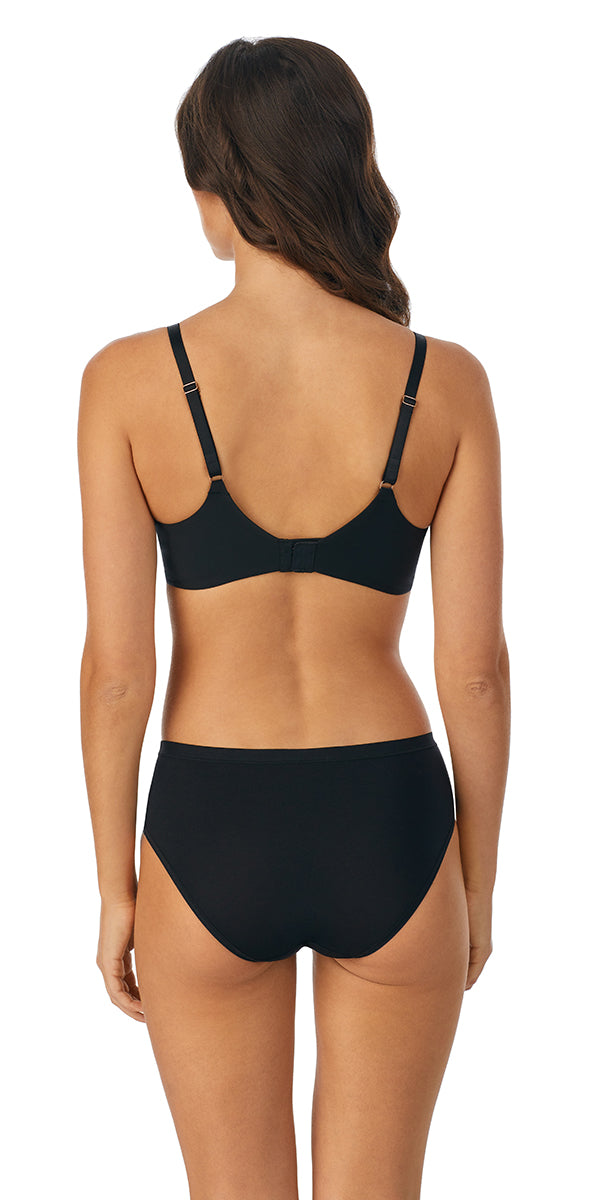 A lady wearing a black sheer illusion wireless.