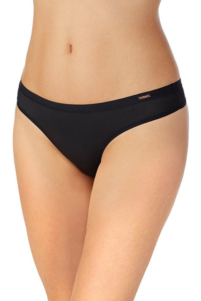 A lady wearing a black infinite comfort thong.