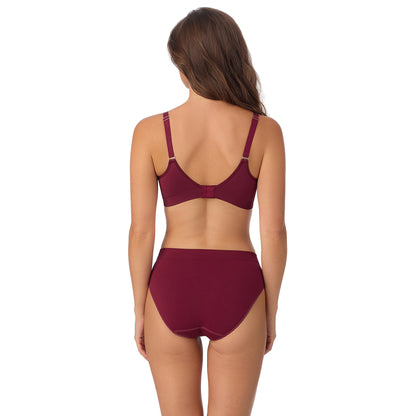 A Lady Wearing Seamless Comfort Unlined - Currant facing back view in a straight standing pose looking slightly to the side