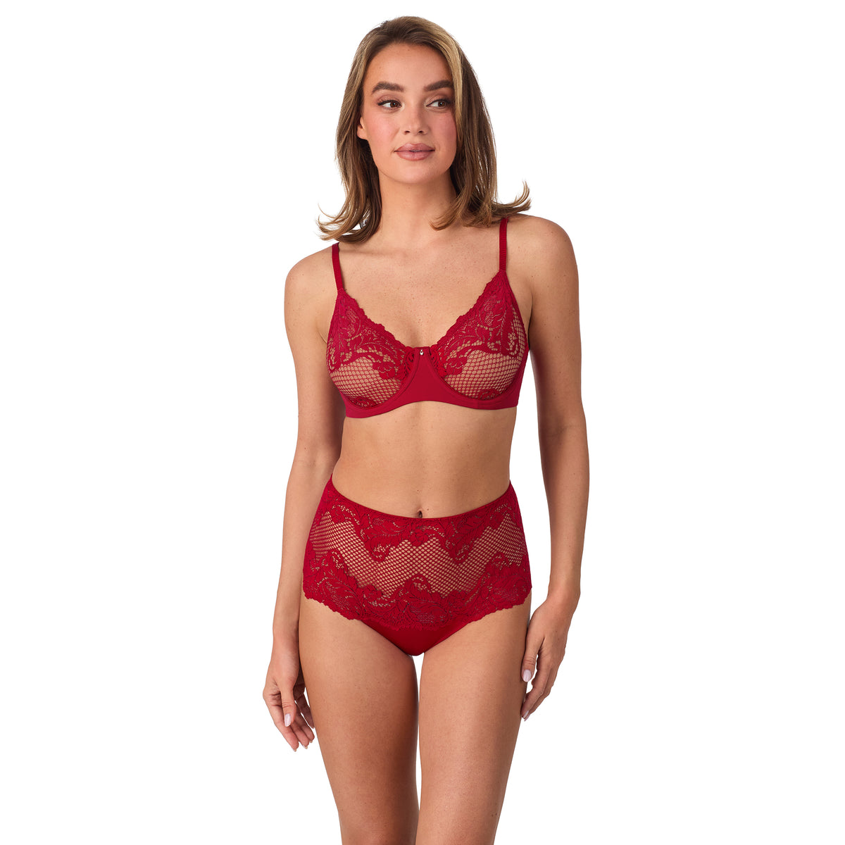 A lady wearing Lace Allure Unlined Bra - Pomegranate