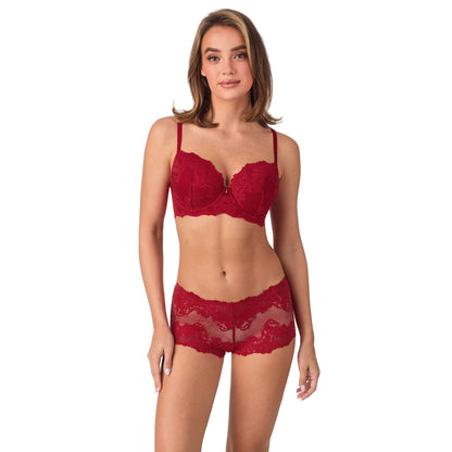 A lady wearing Lace Allure Demi - Pomegranate 