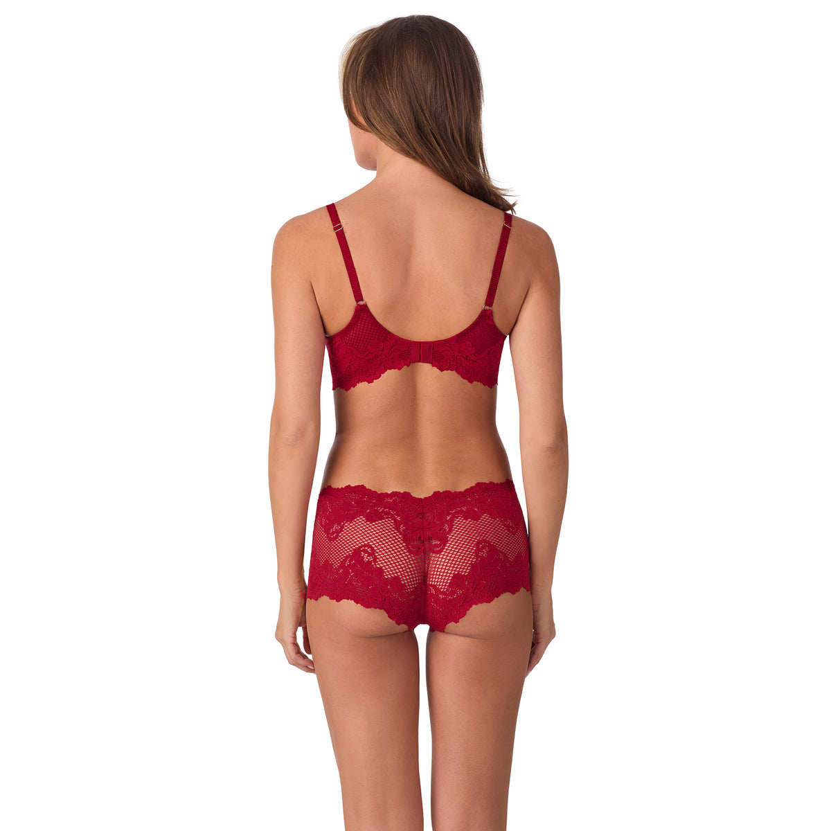 A lady wearing Lace Allure Demi - Pomegranate back view