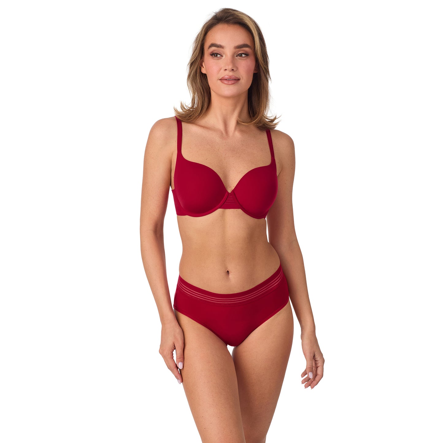 A lady wearing Second Skin Back Smoother - Pomegranate looking side