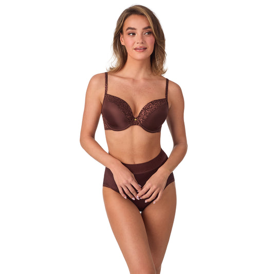 A lady wearing Safari T Shirt Bra - Deep Mahogany 