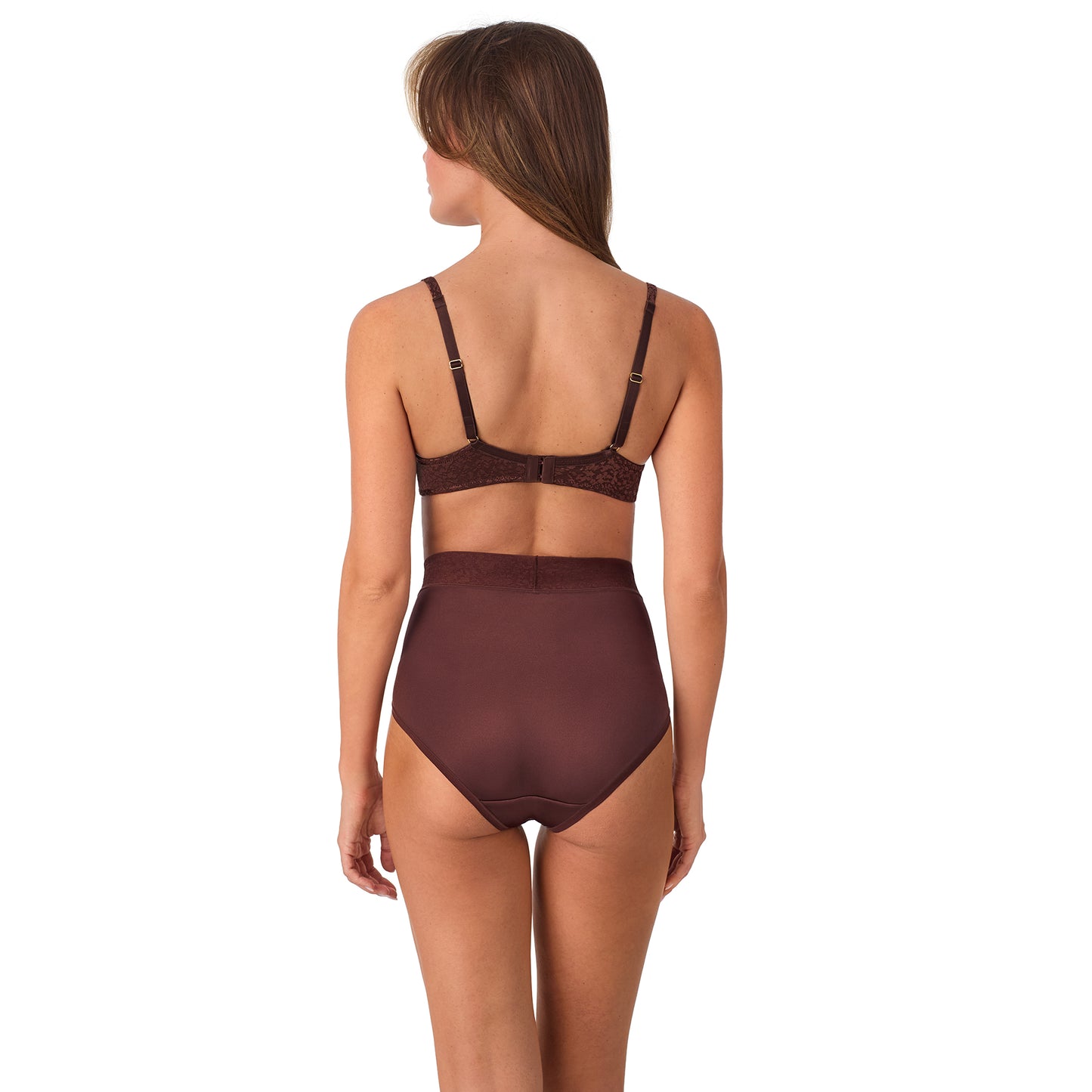 A lady wearing Safari T Shirt Bra - Deep Mahogany back view