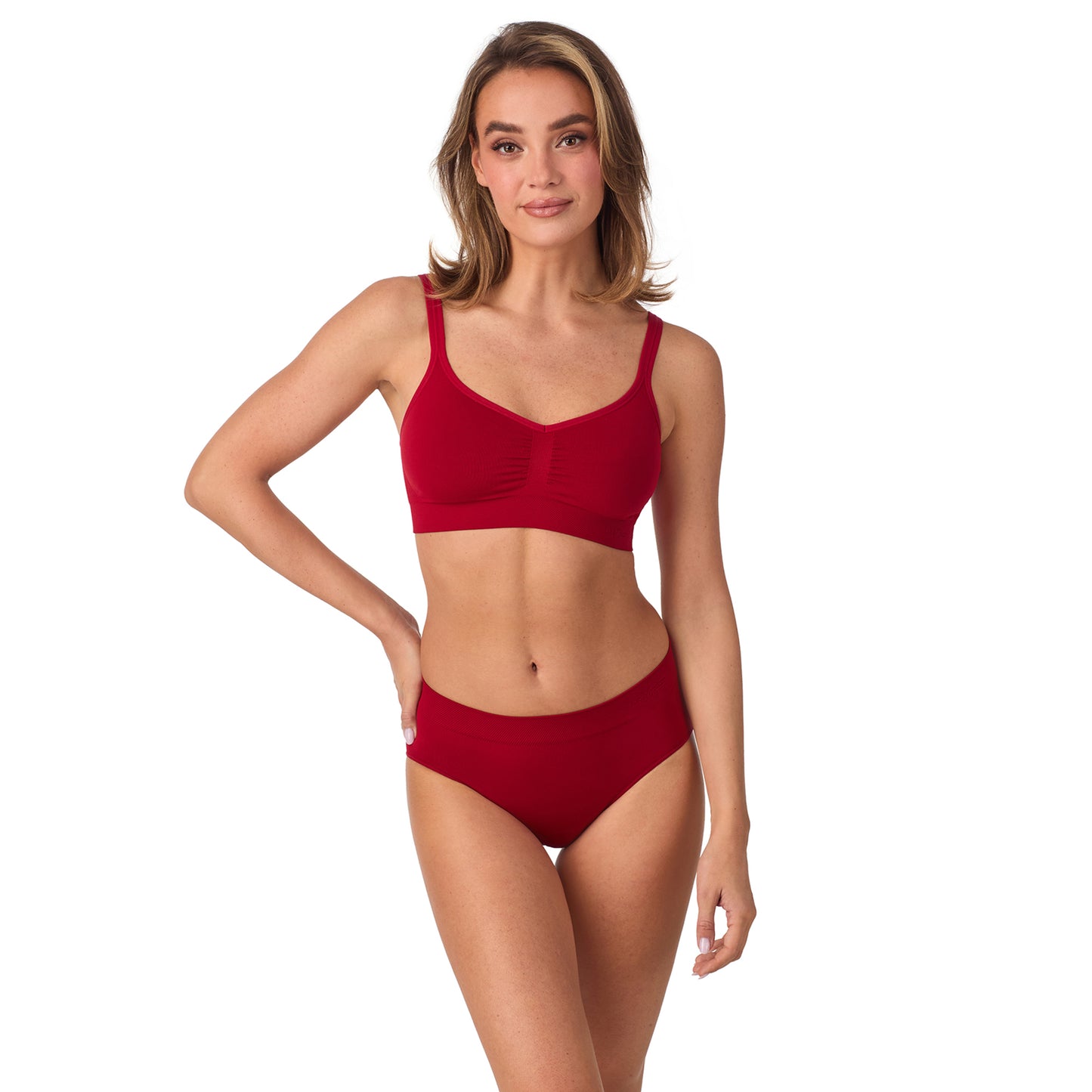 A Lady wearing Seamless Comfort Bralette - Pomegranate closer look