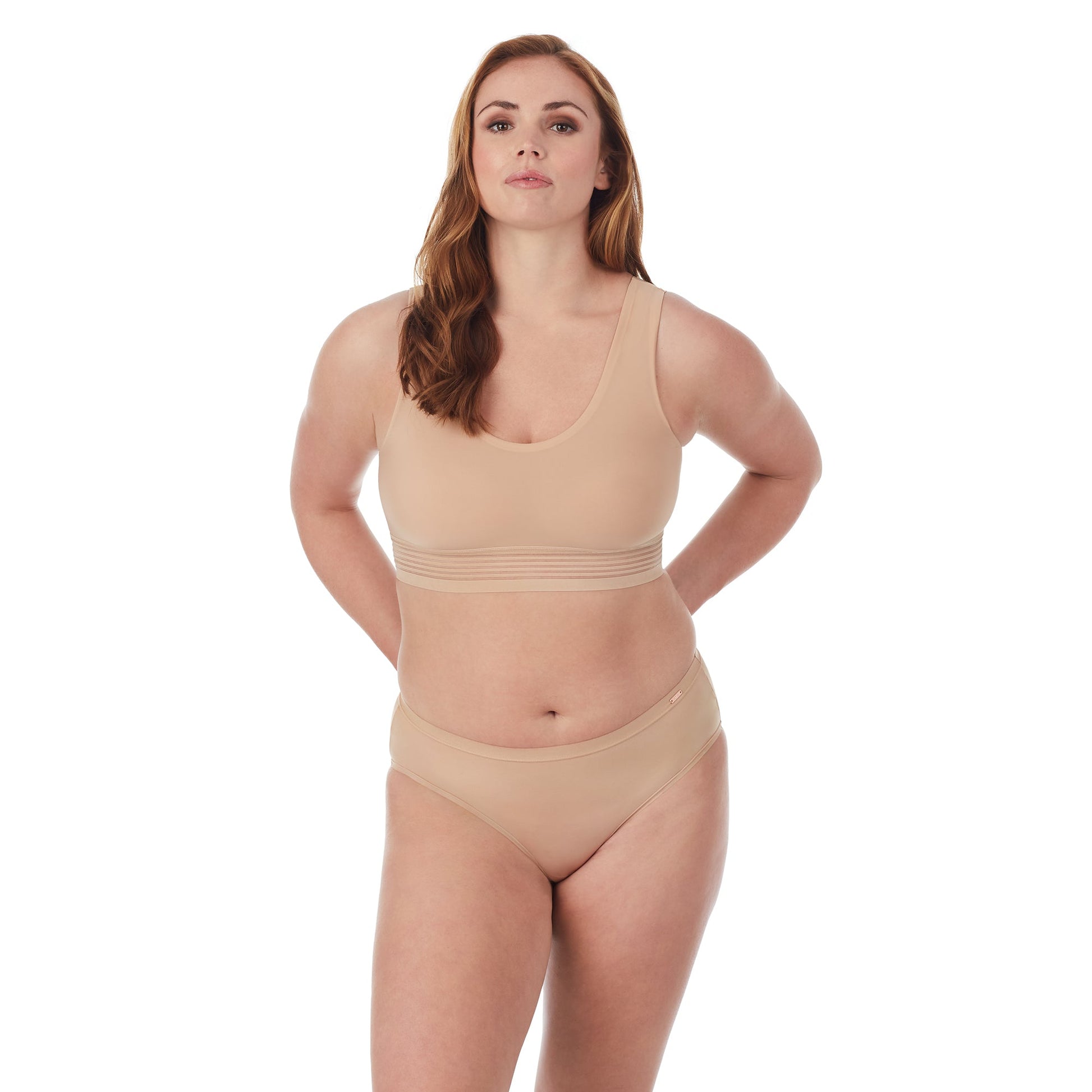 A lady wearing Second Skin Bralette in Natural