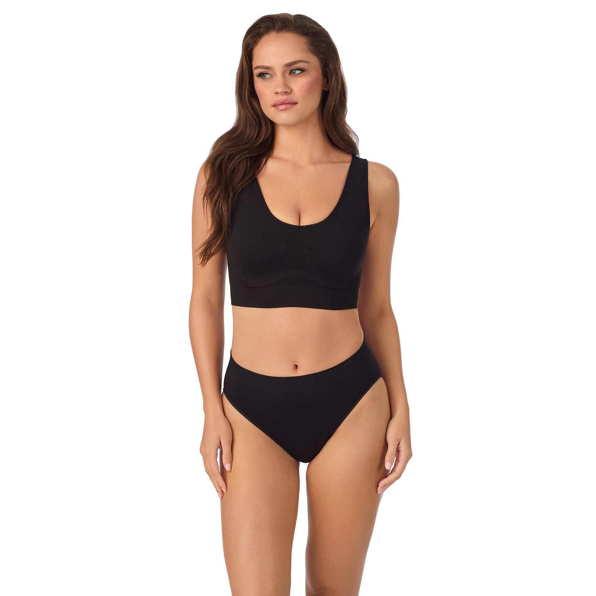 A lady wearing Seamless Comfort Wireless Back Smoother Black
