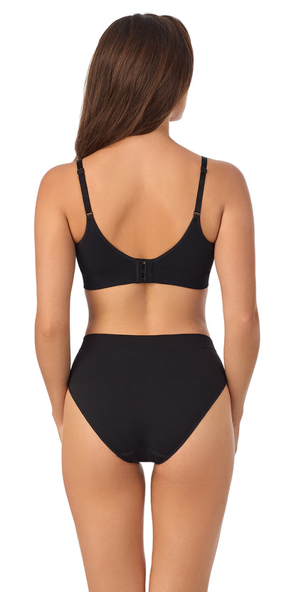 A lady wearing black Seamless Comfort Nursing Bra with Removable Leak Proof Pads
