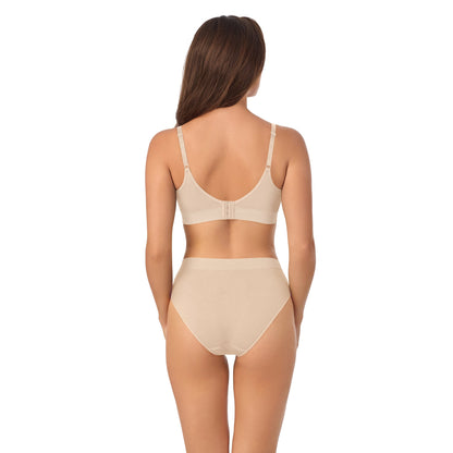 A lady wearing Seamless Comfort Nursing Bra in Soft Shell