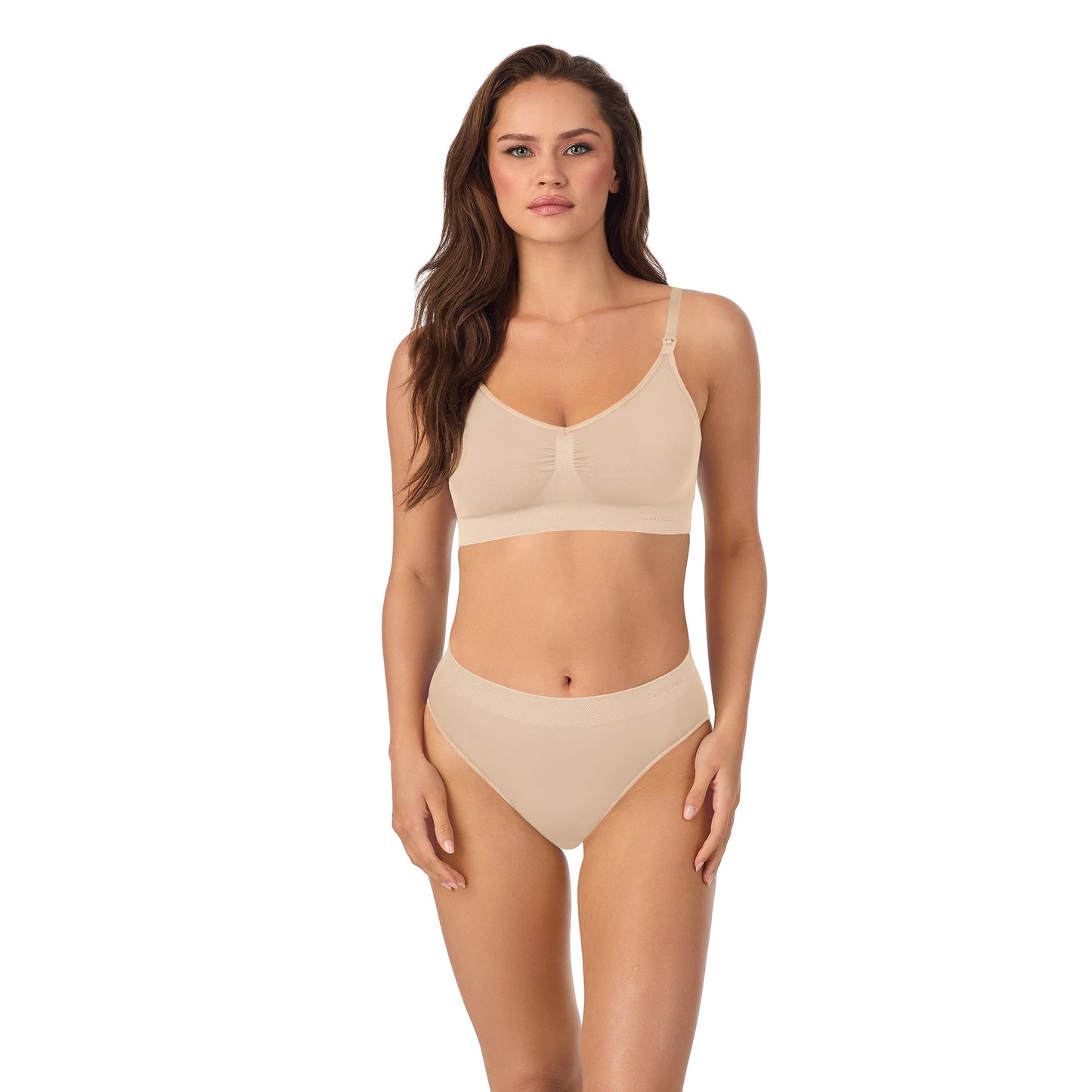 A lady wearing Seamless Comfort Nursing Bra in Soft Shell