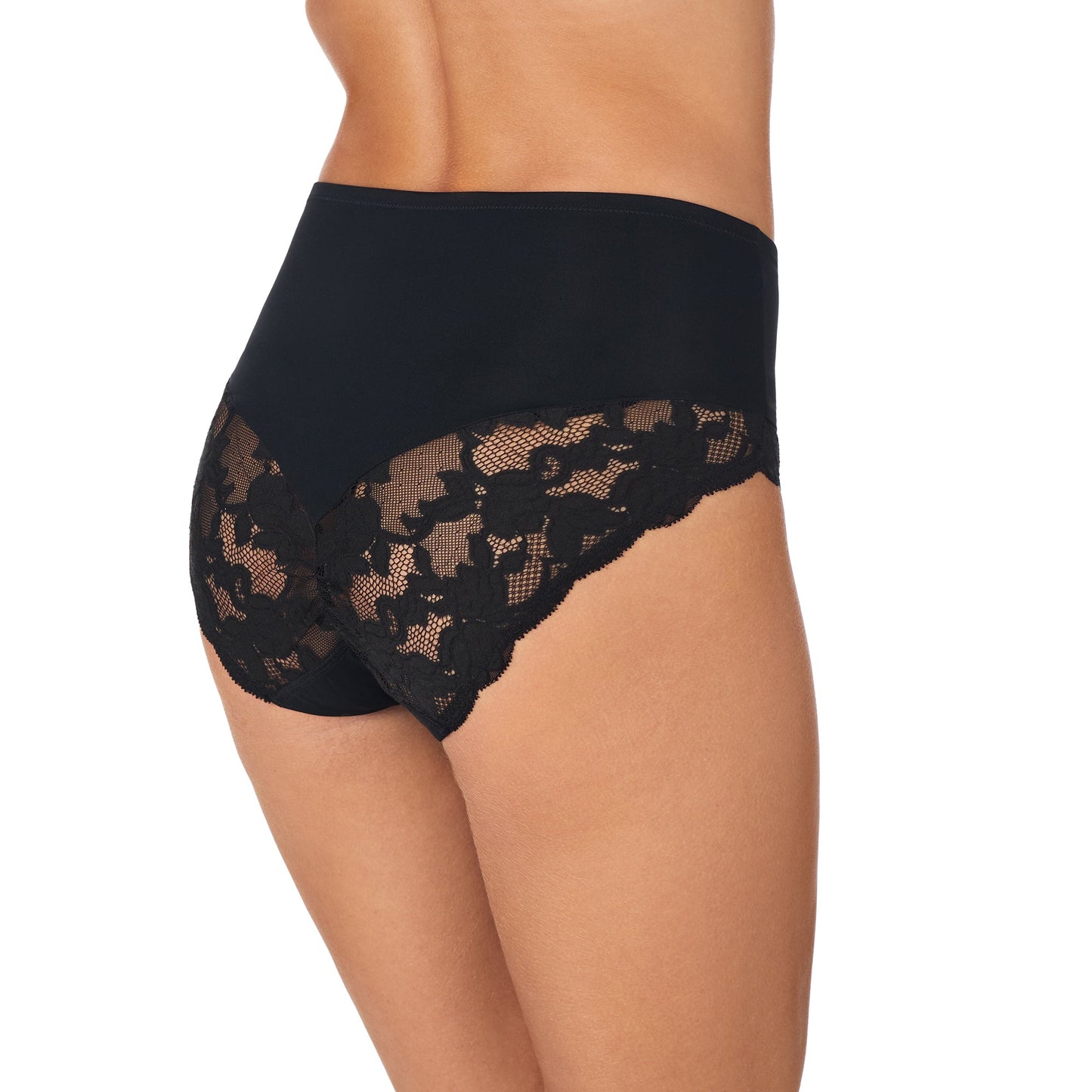 A lady wearing SoftLuxe Lace Smoothing Brief Black
