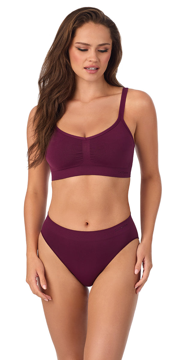A lady wearing blackberry Seamless Comfort Bralette