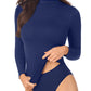 A lady wearing Seamless Comfort Long Sleeve in True Navy