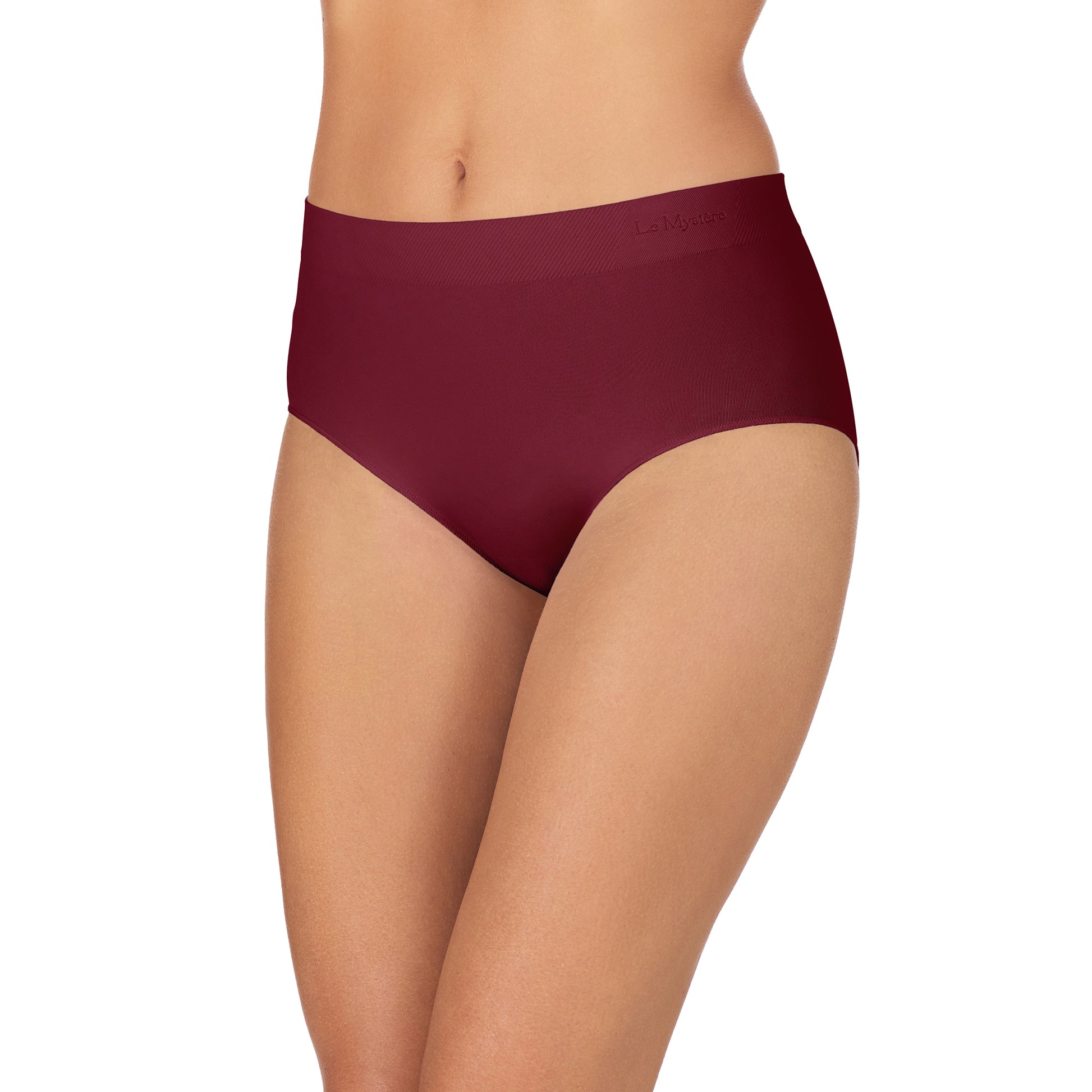 A Lady Wearing Seamless Comfort Brief - Currant posing front view