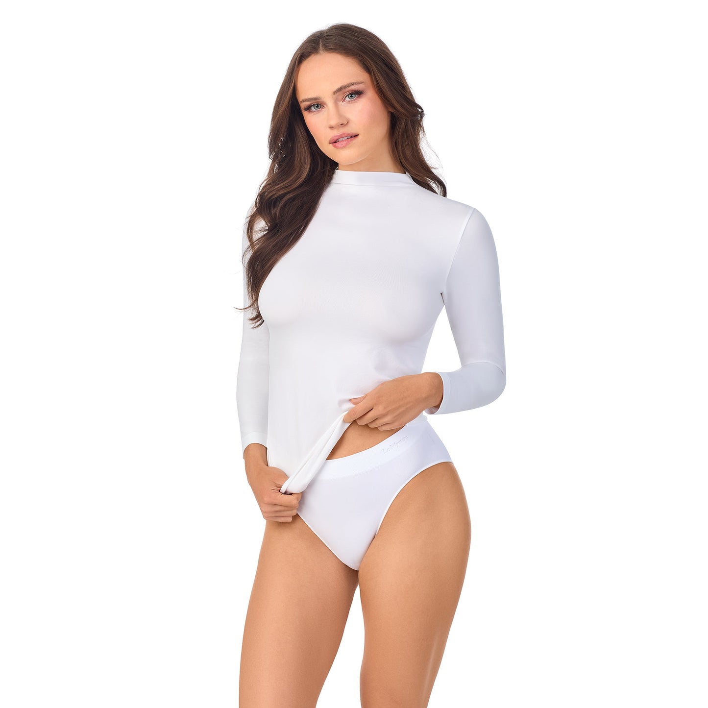 A lady wearing Seamless Comfort Long Sleeve in White