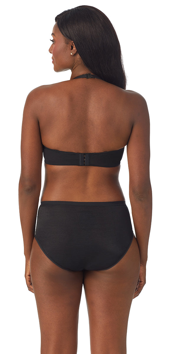 A lady wearing black Shimmer Mesh Plunge