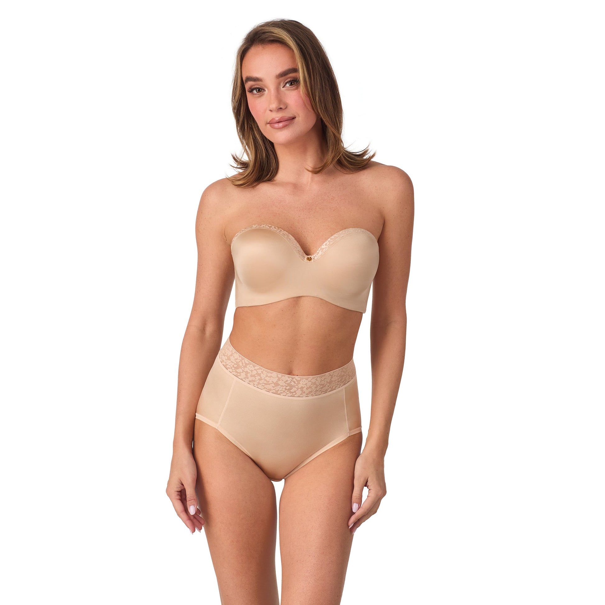 A lady wearing Safari Strapless Bra in Sahara