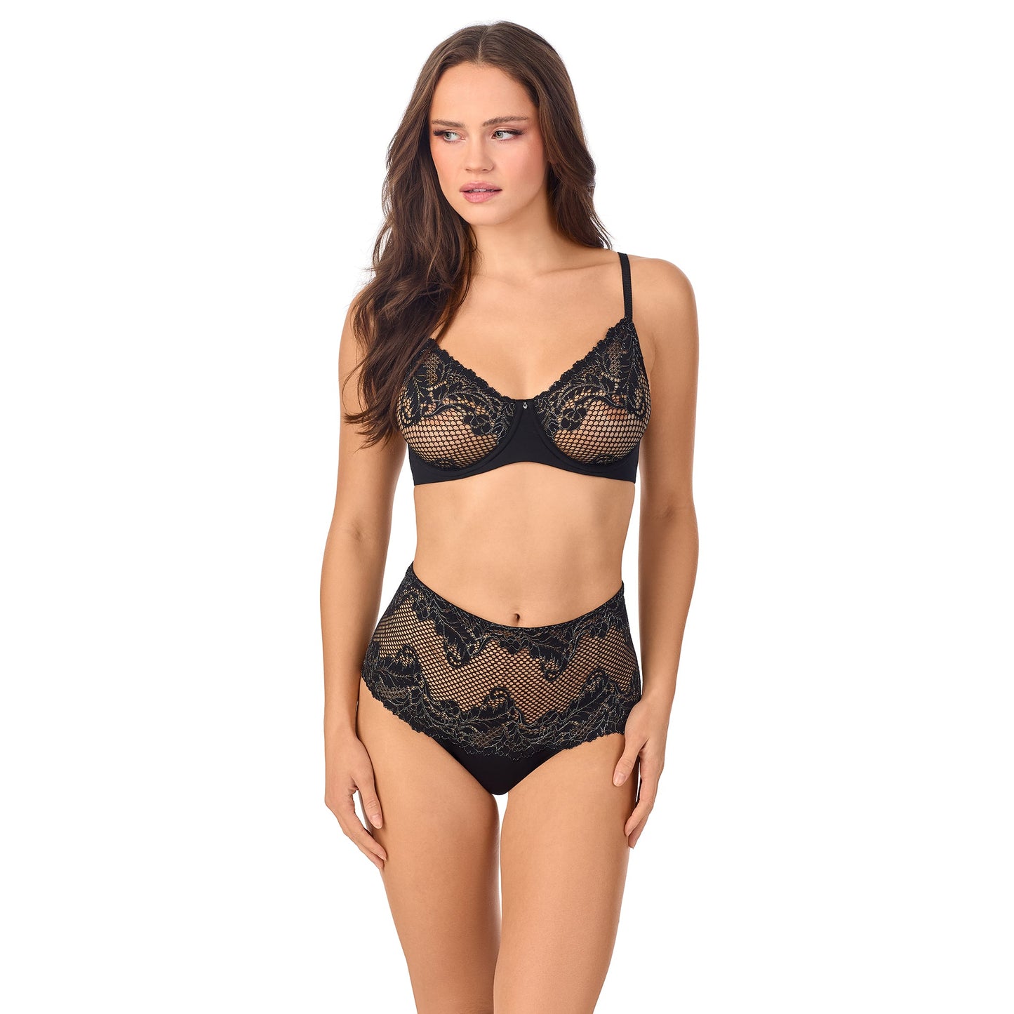 A lady wearing Lace Allure Unlined Bra in Black Lurex