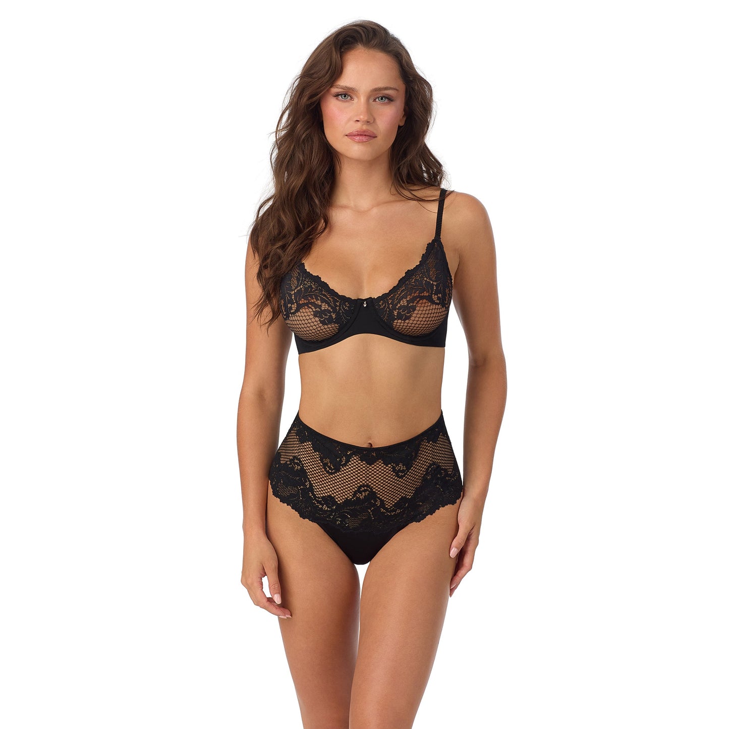 A lady wearing Lace Allure Unlined Bra in Black