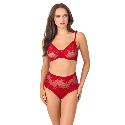 A lady wearing Lace Allure Unlined Bra in Crimson