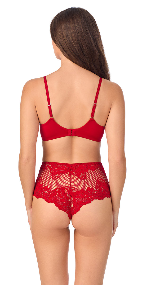 A lady wearing Lace Allure Unlined Bra - Crimson