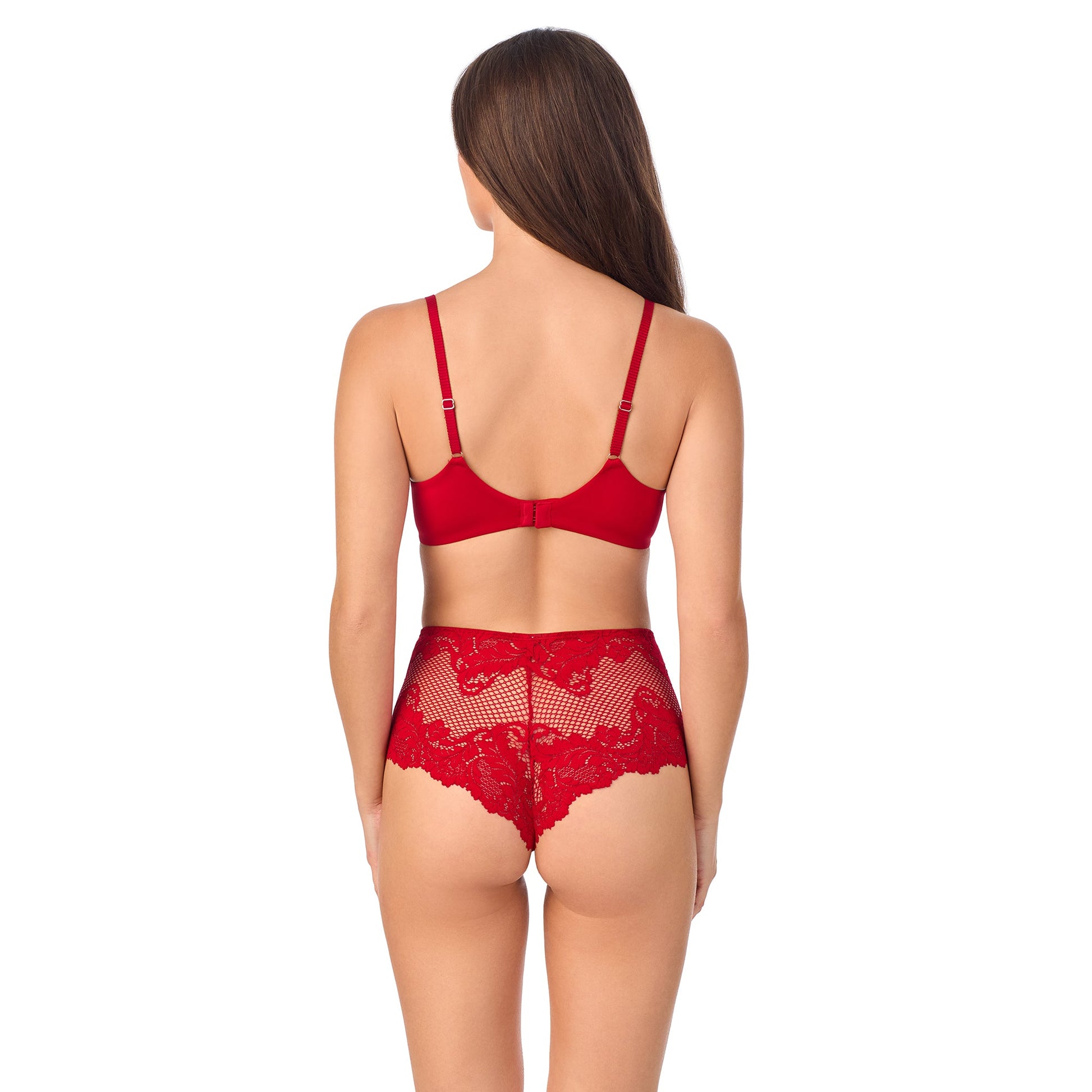 A lady wearing Lace Allure Unlined Bra in Crimson
