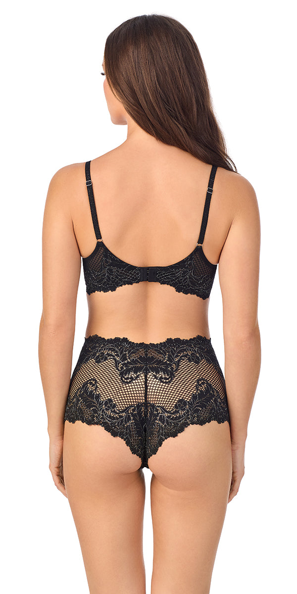 A lady wearing Lace Allure Demi - Black Lurex