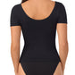 A lady wearing Black Seamless Comfort Tshirt