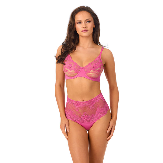 A Lady Wearing Lace Allure Unlined Bra - Azalea Facing Front View
