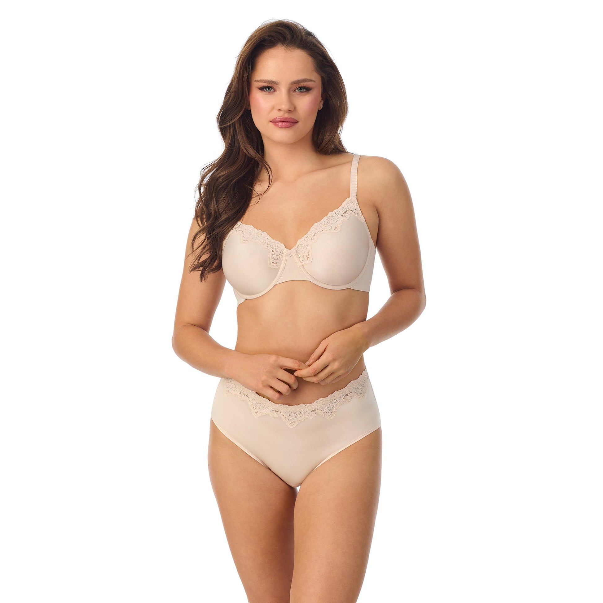 A lady wearing Lace Allure Moulded Unlined in Soft Shell